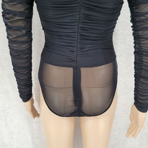 Thats so Fetch Long Sleeve Bodysuit Black Ruched Mesh Women's 4 - Picture 5 of 15